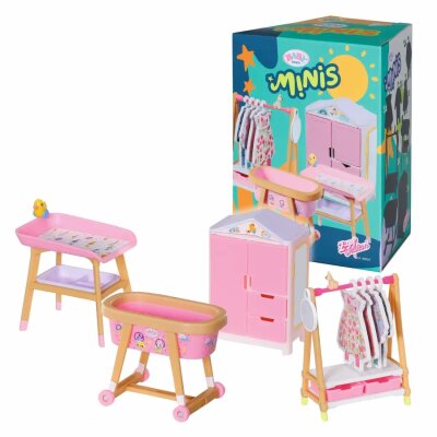 BABY born Minis Möbel  Stubenwagen, Wickeltisch, Kleiderschrank, Kleiderstange und, 4x Kleidersets, ab 3 Jahren