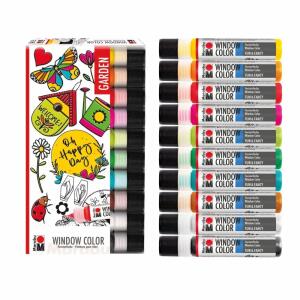 Window Color-Set Garden  10x 25ml, Inhalt: 10x Window Color 25 ml,, 005 himbeere, 013 orange, 019 gelb, 031 kirschrot,, 047 hellbraun, 061 reseda, 062 hellgrün, 070 weiß,, 073 schwarz, 098 türkisblau,, 1x A4 Malvorlage mit 20 Motiven,, Marabu
