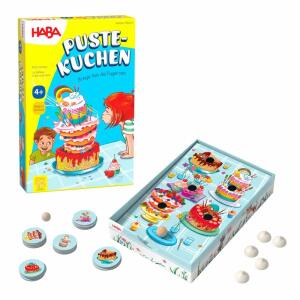 HABA Kinderspiel  Pustekuchen, Geschicklichkeitsspiel, Inhalt: 1 Kuchentafel (= Spielplan, im Schachtelboden), 25 Kuchen-Plättchen, 5 Sahnehäubchen, aus Holz, 1 Korkkugel, 1 Holzkugel,1 Spielanleitung, für 1, bis 4 Spieler, spieldauer ca. 5 bis 10 Minuten