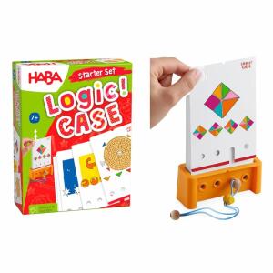 HABA Rätselspiel Logic!  CASE Starter-Set 7+, Inhalt: 40 Rätselkarten mit 77 Rätseln, 1 kleine Karte, (Blende), 1 Rätselbox, 1 Holzstift mit Schnur und, Kordelstopper, für einen Spieler, ab 7 Jahren,, HABA