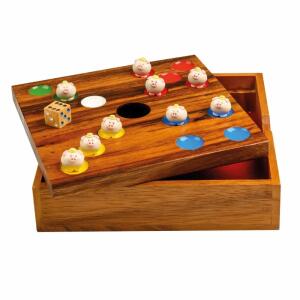 Würfelspiel Schweinchen  in der Grube, Maße Holzbox 185x185x40mm, Maße Spielbrett 170x170x15mm, mit 1 Würfel und 60 Spielfiguren
