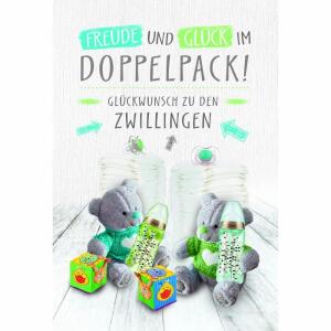 Glückwunschkarte Zwilling  Teddybären und Windeln