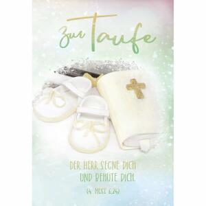 Glückwunschkarte Taufe  Buch und Schuhe