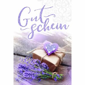 Gutscheinkarte Päckchen  und lila Blumenstrauß, mit Glittereffekt,