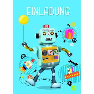 Einladungskarten Kinder  Roboter 5er, mit Umschlag und Innendruck