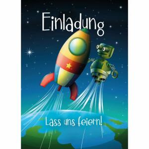Einladungskarten Kinder  Rakete und Roboter 5er, mit Umschlag und Innendruck