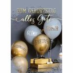 Geburtstagskarte Geschenk  und beschriftete Ballons