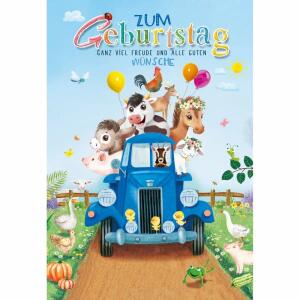 Geburtstagskarte Kinder  Tiere im Auto