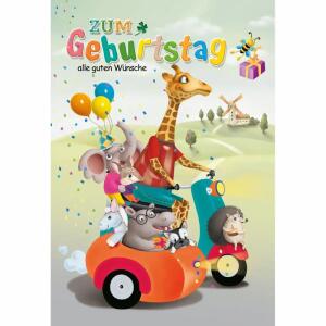 Geburtstagskarte Kinder  Giraffe fährt Roller
