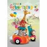 Geburtstagskarte Kinder  Giraffe fährt Roller