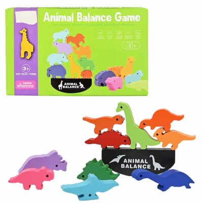 Dinosaurier Balance-Spiel  10teilig aus Holz, mit 10 bunten Dinofiguren zum Balancieren,, ab 3 Jahren, 13 x 17 x 1,5 cm,