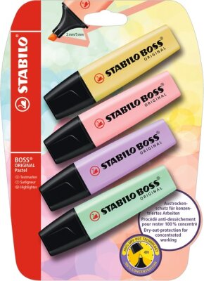 STABILO BOSS ORIGINAL Pastel 4er Blister pudriges Gelb rosiges Rouge Schimmer von Lila Hauch von Minzgrün