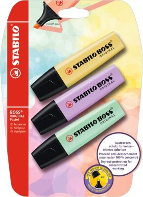 STABILO BOSS ORIGINAL Pastel 3er Blister pudriges Gelb Schimmer von Lila Hauch von Minzgrün
