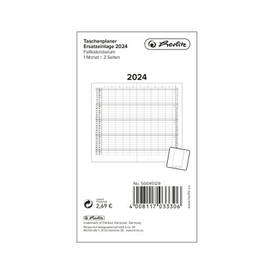 Herlitz Taschenplaner Ersatzeinlage 2024 Faltkalender, 1 Monat=2 Seiten