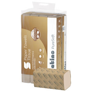 Handtuchpapier 24x23cm  3200 Blatt Pure Soft, santino PureSoft, 2-lagig, V-Falz im parktischen Tragebeutel, PureSoft in V-Falz: das erste Premium-Handtuchpapier von, Satino by WEPA in 100% Recycling-Qualität aus Wellpappe und, Verpackungskarton. PureSoft