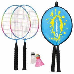 Federball-Set Junior  Regenbogen mit Tasche, Inhalt: 2 Federbälle, davon 1 Ball mit größerem Schaumfuß,, Schläger 45,5 cm aus gehärtetem Stahl, verlötetes T-Stück,, Kunststoffgriffe, harte Bespannung, Hülle