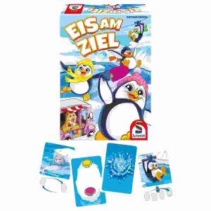Kinderspiel Eis am Ziel  Inhalt: 63 Karten: 45 Eisschollenkarten, 6 Karten, Platsch!, 7 Karten Schollen schieben, 5 Karten Zipline, 1, Start- und 1 Zielfeld, 20 Pinguin-Figuren (je 5 in 4, verschiedenen Farben), 1 Spielanleitung; für 2 bis 4, Spieler, Spi