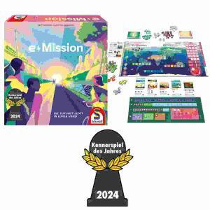 Familienspiel e-Mission  Inhalt: 1 Spielplan, 4 Tableaus, 2 Zusatztableaus, 133, Projektkarten, 25 Startkarten, 48 Krisen (Karten), 24, Globale Projekte (Karten), 42 Herausforderungskarten, 9, Übersichtskarten, 74 Energie-Plättchen, 60, Stabilitätsplättch