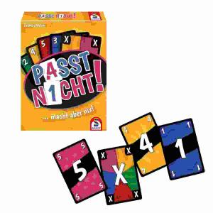 Kartenspiel Passt nicht!  Inhalt: 60 Zahlenkarten (Werte von 0 bis 5, je 2x in 5, Farben), 8 Übersichtskarten, 4 Joker; für 2 bis 6 Spieler,, Spieldauer ca. 20 Minuten, ab 8 Jahren,, Schmidt Spiele