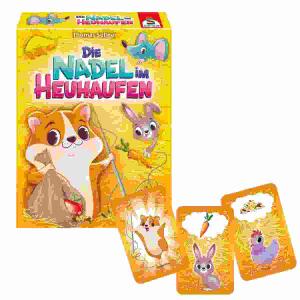 Kartenspiel Die Nadel  im Heuhaufen, Inhalt: 96 Karten (62 Heukarten, 1 Heugabelkarte, 1, Nadelkarte, 2 Magnetkarten, 15 Tierkarten: je 3x Igel,, Huhn, Maus, Eichhörnchen und Hase, 15 Futterkarten: je 3x, Apfel, Körner, Käse, Eichel und Möhre), 2 Würfel,,