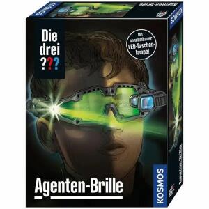 Die drei ???  Agenten-Brille, Agentenbrille mit grüner LED in abnehmbarer Lampe,, zwei vorklappbare Vergrößerungslinsen,, elastisches Kopfband und illustriertes Faltblatt,, 1x AAA Batterie nicht im Lieferumfang enthalten