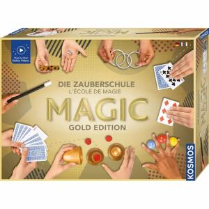 KOSMOS Die Zauberschule  Magic Gold Edition, Zauberkasten für 75 Tricks nach Schwierigkeitsgrad geordnet,, Inhalt: 3 große Ringe, Münzgefängnis, 2 Zauberringe,, Würfeltunnel, Magisches Kartenspiel, Illusions-Scheibe,, 2 gebogene Karten, Zauberkarte, 5 Sch