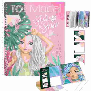 Malbuch TOPModel  Stick & Shine, 24 Seiten, 12 Ausmalvorlagen mit Farbe,, 8 verschiedene Bogen Tattoo-Stickern, 8 Glitzer-Folien