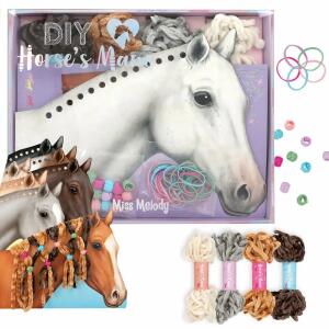 Fecht-Set Miss Melody  DIY Pferdemähne, 8 verschiedene Kartinagen in Pferdekopf-Form mit, Lochstanzungen, 4 verschiedenfarbige Wollfäden, bunte Gummibänder und Clips