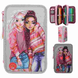 Federtasche Triple  TOPModel BEST FRIENDS, BFF-Federtasche mit 3 Fächern mit Stiften und Zubehör,, mit LED-Knopf, 20 Sekunden leuchtendes Herz,, ein großes TOPModel-Freundinnen-Motiv