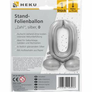 Stand-Folienballon Zahl 0  silber, Höhe 75 cm, aufrechtstehend ohne Helium,, mit Aufblashalm aus Papier,