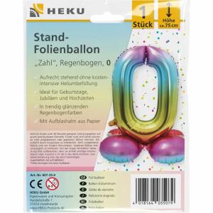 Stand-Folienballon Zahl 0  Regenbogen, Höhe 75 cm, aufrechtstehend ohne Helium,, mit Aufblashalm aus Papier,