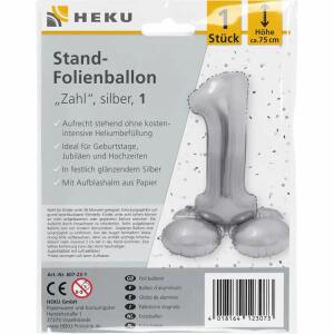 Stand-Folienballon Zahl 1  silber, Höhe 75 cm, aufrechtstehend ohne Helium,, mit Aufblashalm aus Papier,