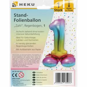 Stand-Folienballon Zahl 1  Regenbogen, Höhe 75 cm, aufrechtstehend ohne Helium,, mit Aufblashalm aus Papier,