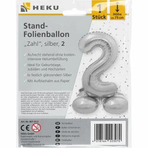 Stand-Folienballon Zahl 2  silber, Höhe 75 cm, aufrechtstehend ohne Helium,, mit Aufblashalm aus Papier,