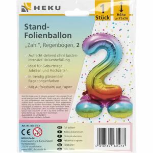 Stand-Folienballon Zahl 2  Regenbogen, Höhe 75 cm, aufrechtstehend ohne Helium,, mit Aufblashalm aus Papier,