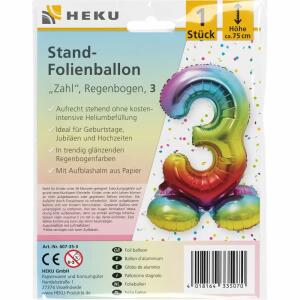 Stand-Folienballon Zahl 3  Regenbogen, Höhe 75 cm, aufrechtstehend ohne Helium,, mit Aufblashalm aus Papier,