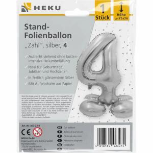 Stand-Folienballon Zahl 4  silber, Höhe 75 cm, aufrechtstehend ohne Helium,, mit Aufblashalm aus Papier,