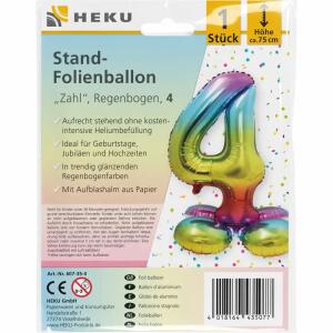 Stand-Folienballon Zahl 4  Regenbogen, Höhe 75 cm, aufrechtstehend ohne Helium,, mit Aufblashalm aus Papier,
