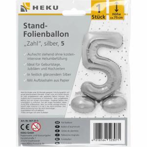 Stand-Folienballon Zahl 5  silber, Höhe 75 cm, aufrechtstehend ohne Helium,, mit Aufblashalm aus Papier,