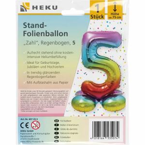 Stand-Folienballon Zahl 5  Regenbogen, Höhe 75 cm, aufrechtstehend ohne Helium,, mit Aufblashalm aus Papier,