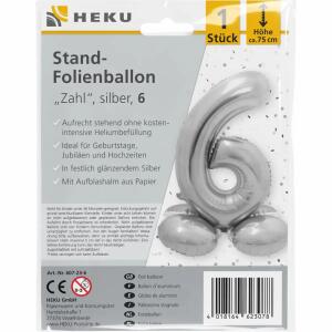 Stand-Folienballon Zahl 6  silber, Höhe 75 cm, aufrechtstehend ohne Helium,, mit Aufblashalm aus Papier,