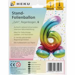 Stand-Folienballon Zahl 6  Regenbogen, Höhe 75 cm, aufrechtstehend ohne Helium,, mit Aufblashalm aus Papier,