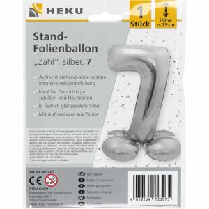 Stand-Folienballon Zahl 7  silber, Höhe 75 cm, aufrechtstehend ohne Helium,, mit Aufblashalm aus Papier,