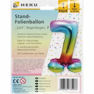 Stand-Folienballon Zahl 7  Regenbogen, Höhe 75 cm, aufrechtstehend ohne Helium,, mit Aufblashalm aus Papier,