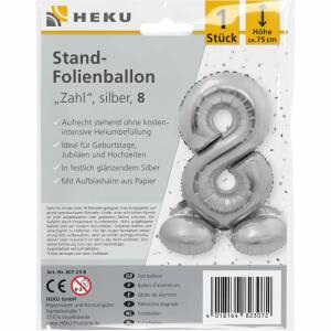 Stand-Folienballon Zahl 8  silber, Höhe 75 cm, aufrechtstehend ohne Helium,, mit Aufblashalm aus Papier,