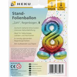 Stand-Folienballon Zahl 8  Regenbogen, Höhe 75 cm, aufrechtstehend ohne Helium,, mit Aufblashalm aus Papier,
