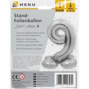 Stand-Folienballon Zahl 9  silber, Höhe 75 cm, aufrechtstehend ohne Helium,, mit Aufblashalm aus Papier,