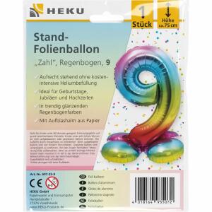 Stand-Folienballon Zahl 9  Regenbogen, Höhe 75 cm, aufrechtstehend ohne Helium,, mit Aufblashalm aus Papier,