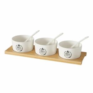 Schalen-Set Conny 7teilig  rund weiß auf Holztablett, Grillparty Farben: schwarz, natur, weiß; Material: Keramik, Boltze