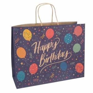 Idena Geschenktasche  33x26x12cm FSC-Rec., Motiv Happy Birthday/Luftballon, Größe: 33 x 26 x 12 cm,, Kraftpapier, Papierkordel